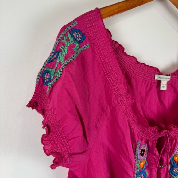 Boston Proper Blouse with Ruffled Elastic Short Sleeves and Embroidery ~ 10 - Picture 2 of 13